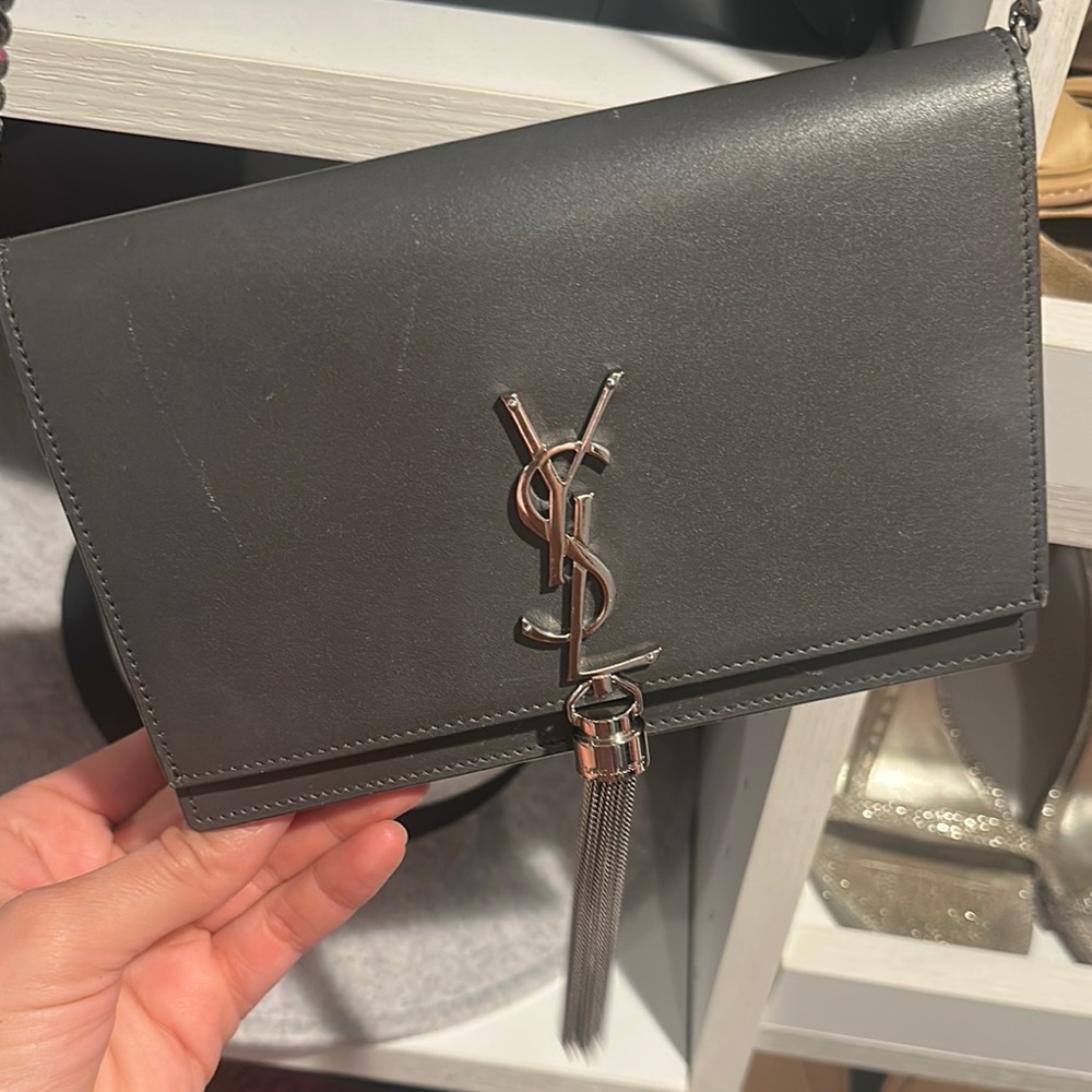 YSL Gray Leather Crossbody Bag small - wallet on chain with tassel